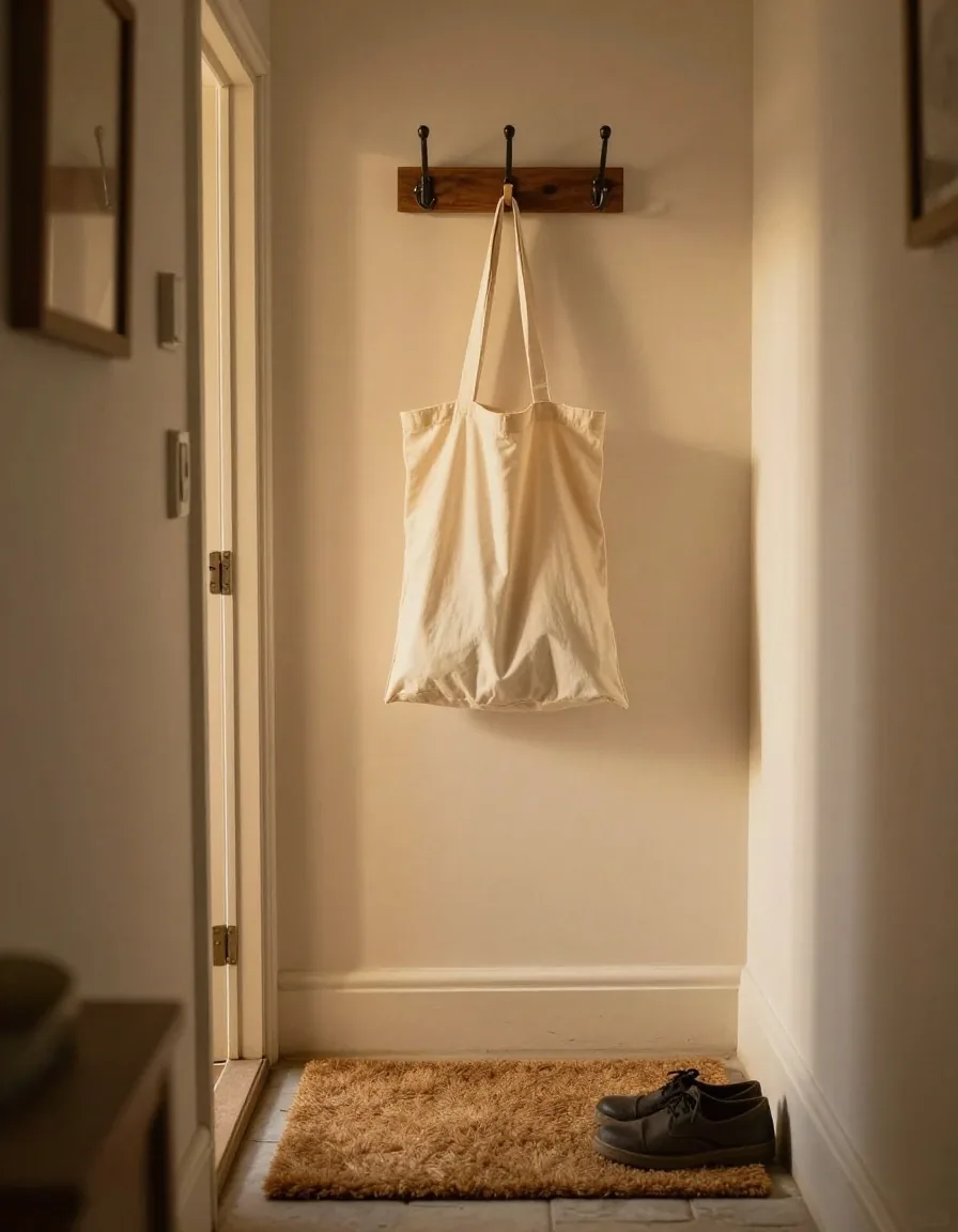 A UK home hallway at dusk with a reusable produce bag hanging by the front door and warm light spilling from an open room