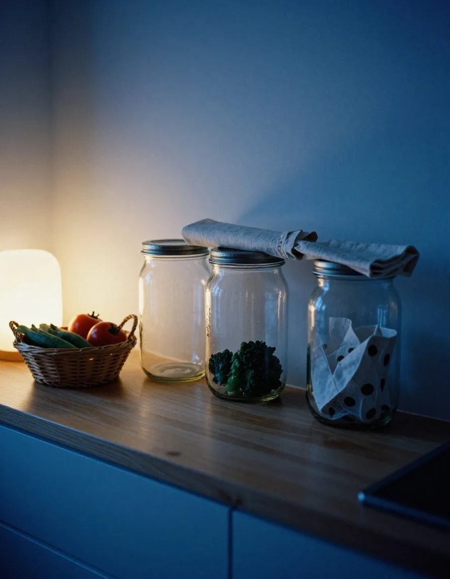 A UK kitchen counter at dusk with repurposed glass storage jars, a wicker basket of vegetables, and a beeswax wrap