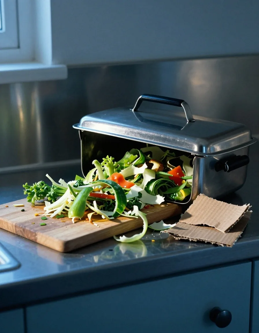 A countertop compost crock open beside vegetable peelings and dry cardboard on a UK kitchen worktop