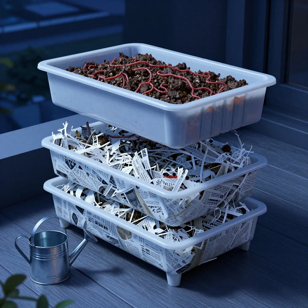 A stacked wormery on a balcony with the top tray lifted to show dark castings and shredded newspaper bedding