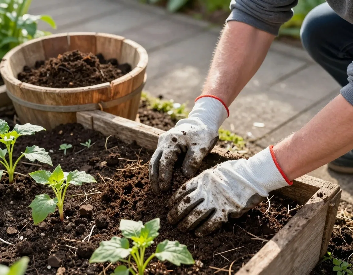 Hands crumbling dark finished compost over a garden bed beside a wooden trug on a paved path