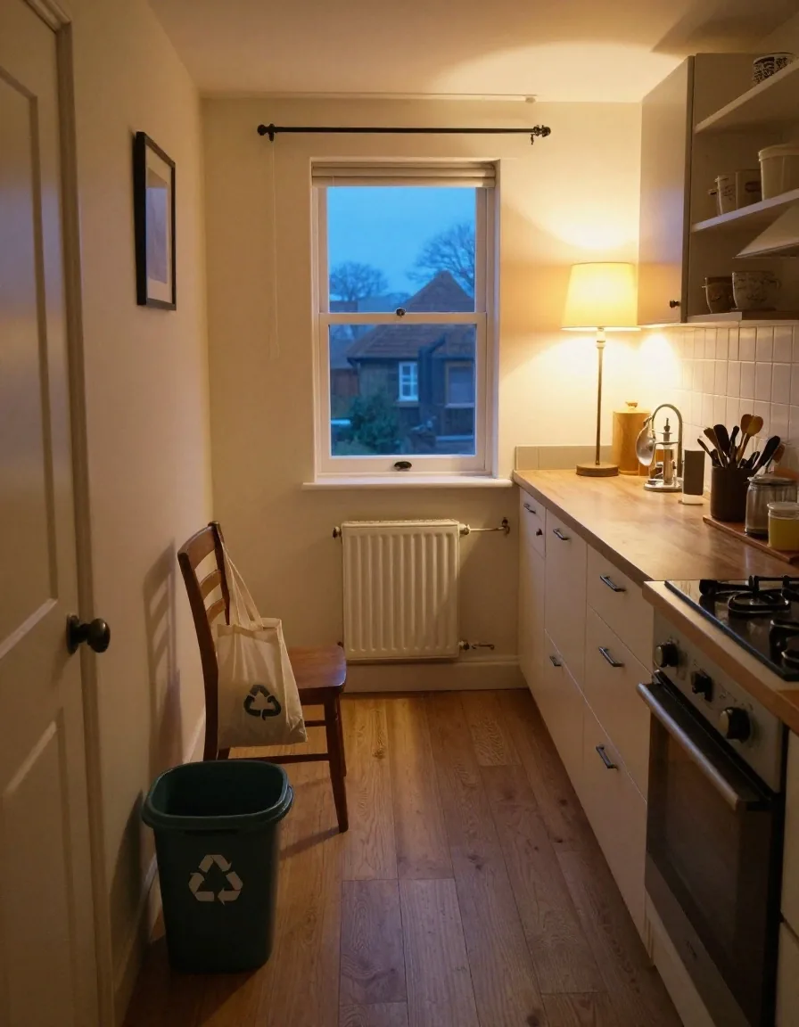A recycling leaflet propped against a jar of dried lentils with a pencil resting across the paper on a kitchen worktop