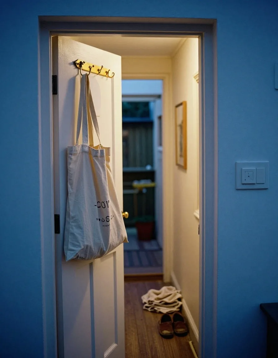 A cotton produce bag hung on a hook in a hallway with warm light spilling from an open doorway