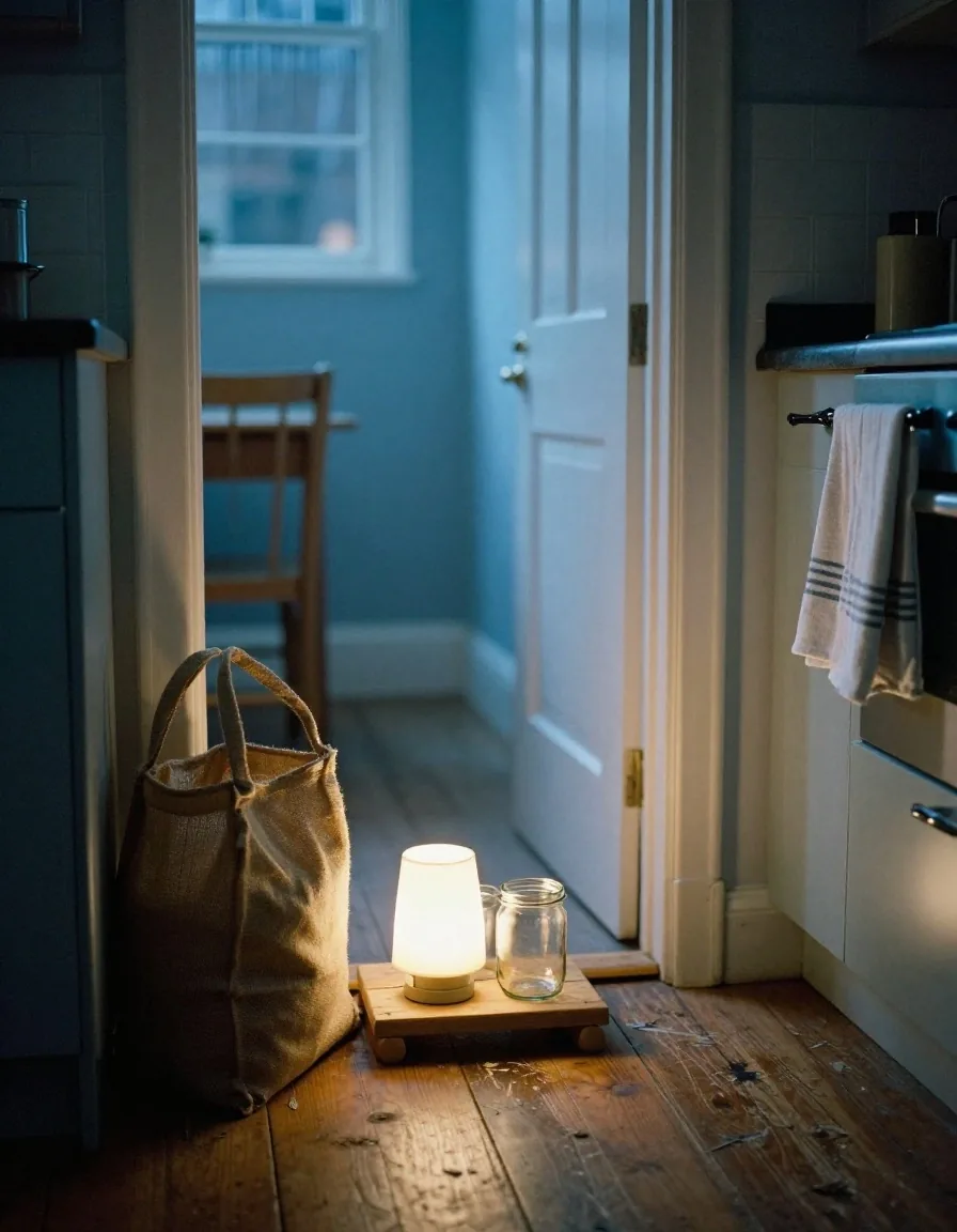Repurposed glass jars resting on a kitchen windowsill beside a small warm counter lamp at dusk