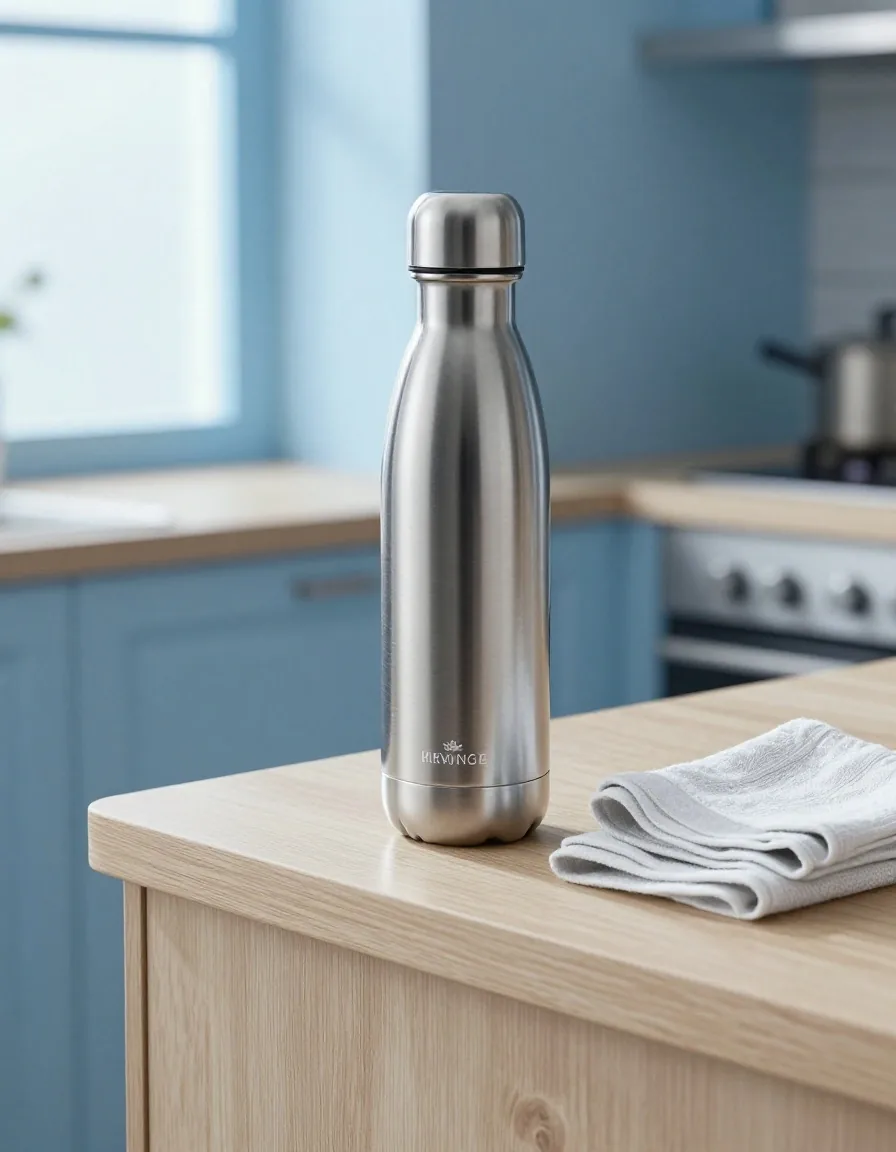 A reusable water bottle and cloth on a kitchen counter