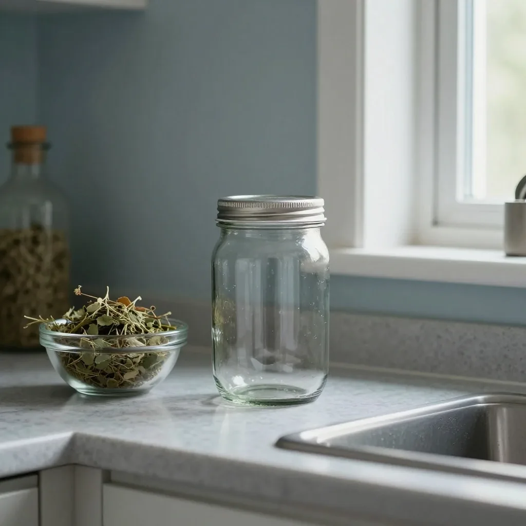 A clean glass jar with a metal lid on a wooden table