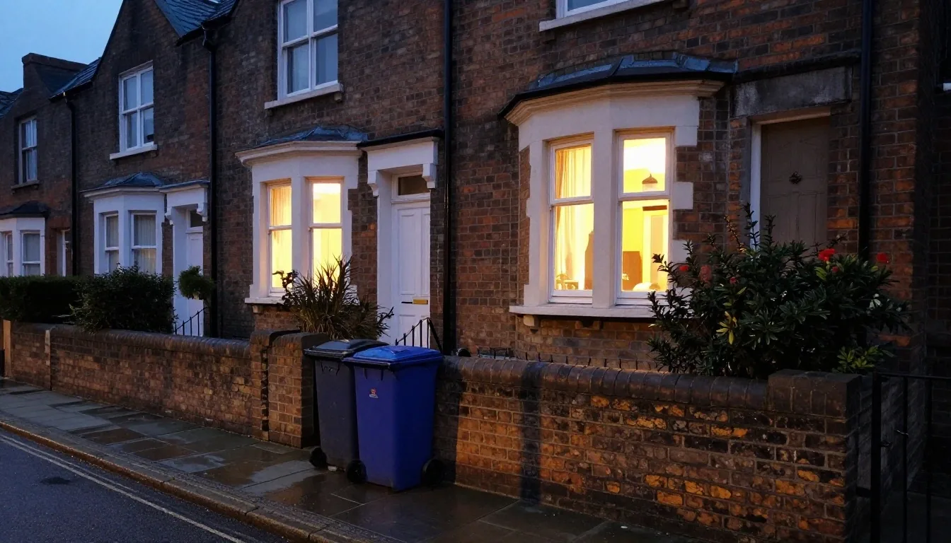 A UK residential street at dusk with warm light from terraced houses