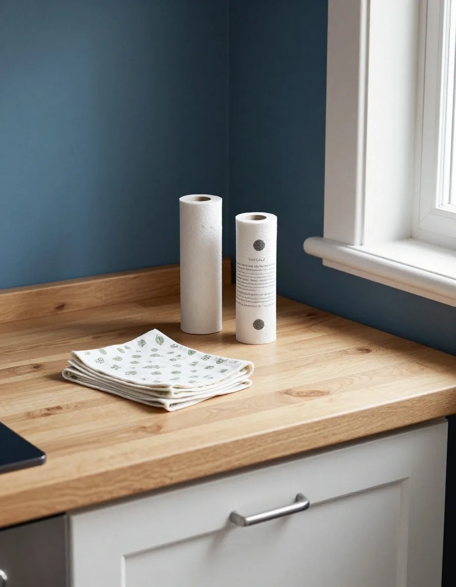 A stack of cotton kitchen cloths and paper roll