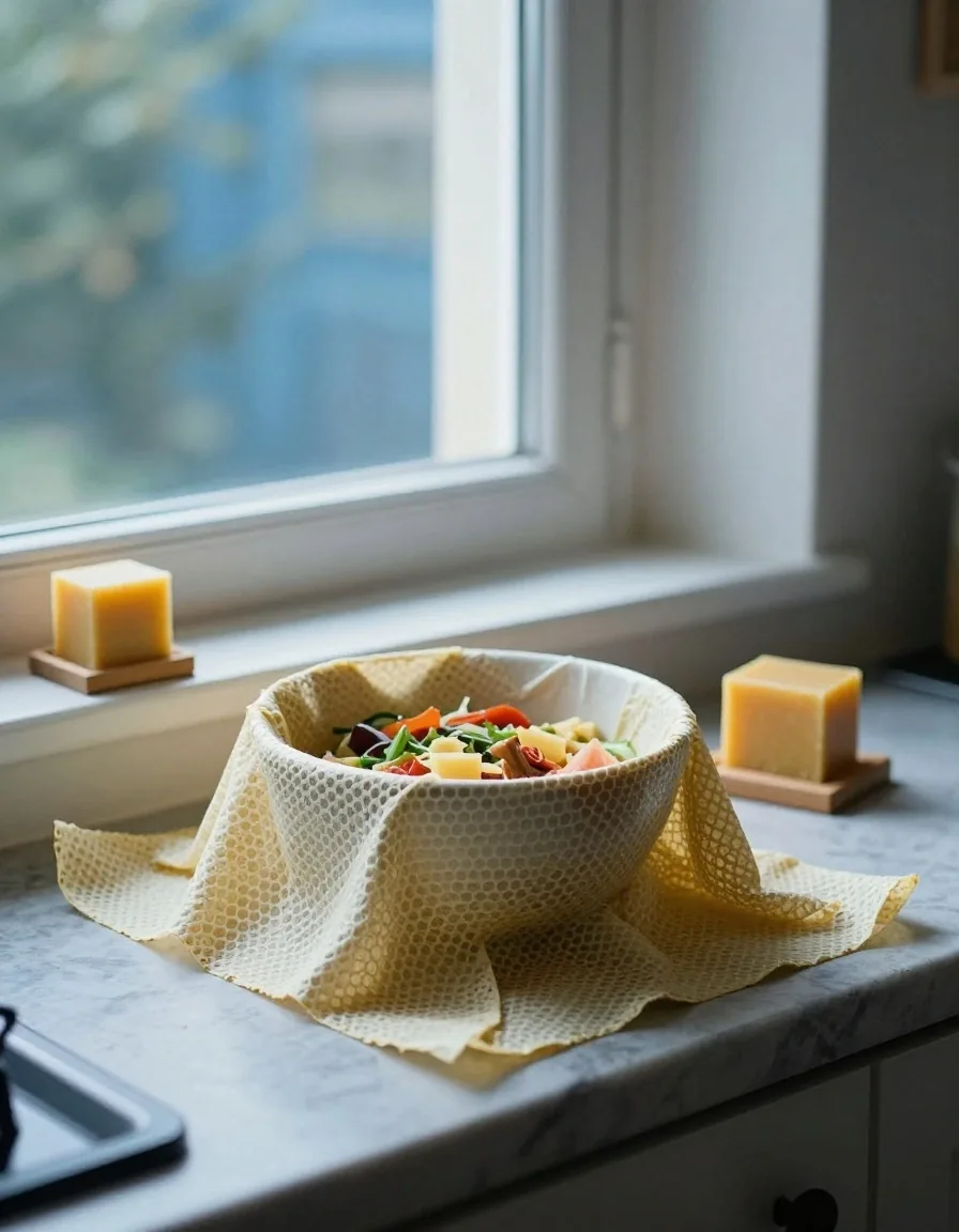 Beeswax wraps folded on a kitchen counter