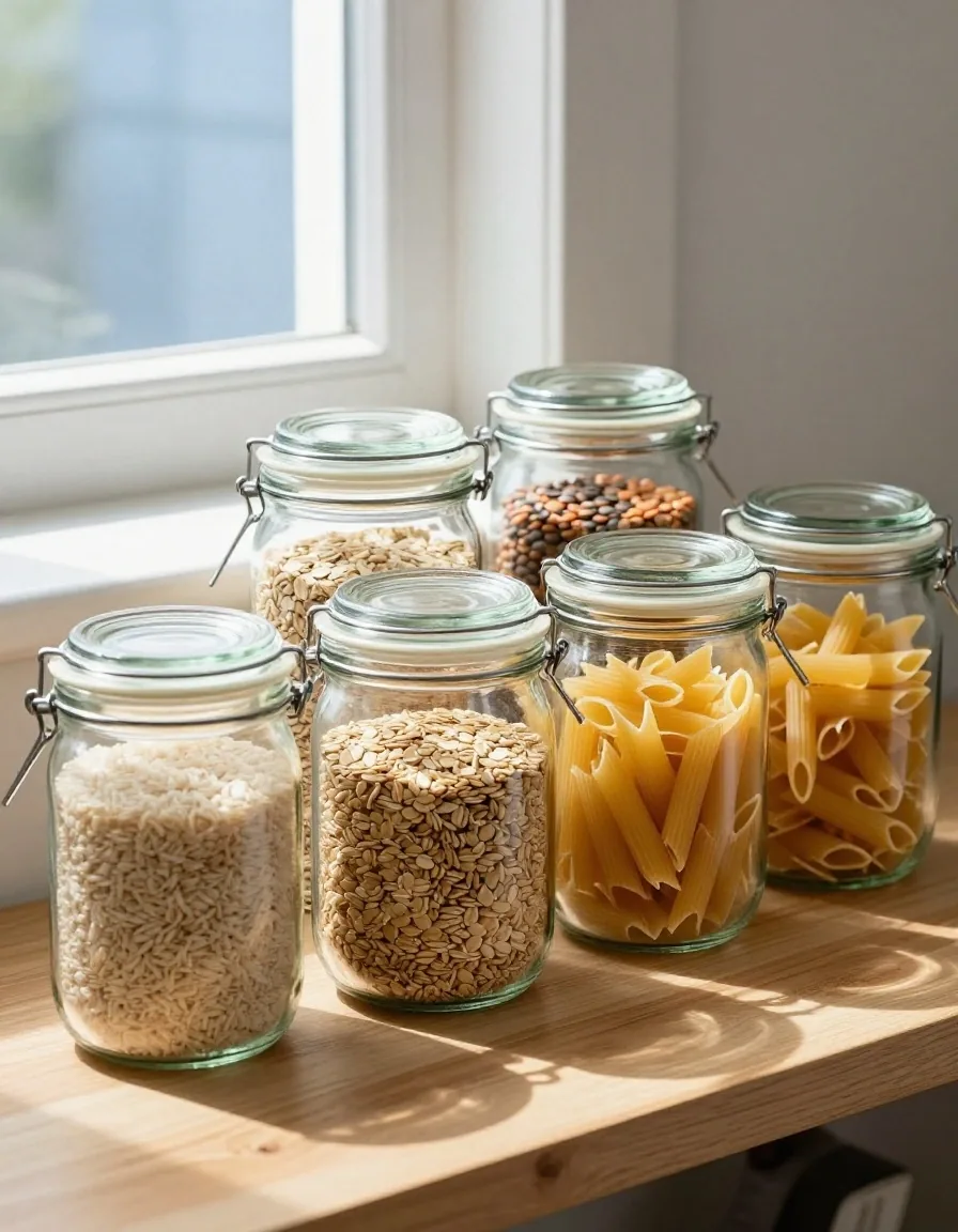 Glass jars holding dry foods on an open pantry shelf