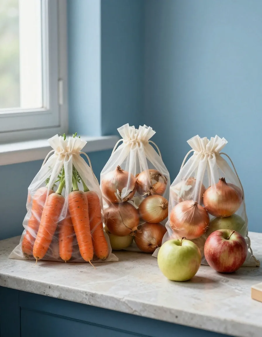 Reusable produce bags holding loose vegetables