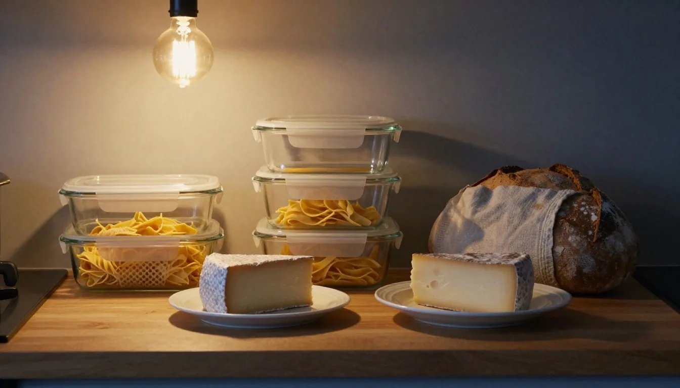 Glass containers, beeswax-wrapped cheese and a plate-covered bowl on a kitchen shelf