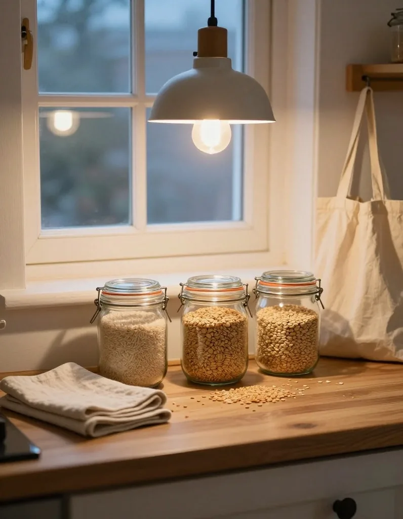 Glass storage jars of dry staples on a kitchen counter at dusk