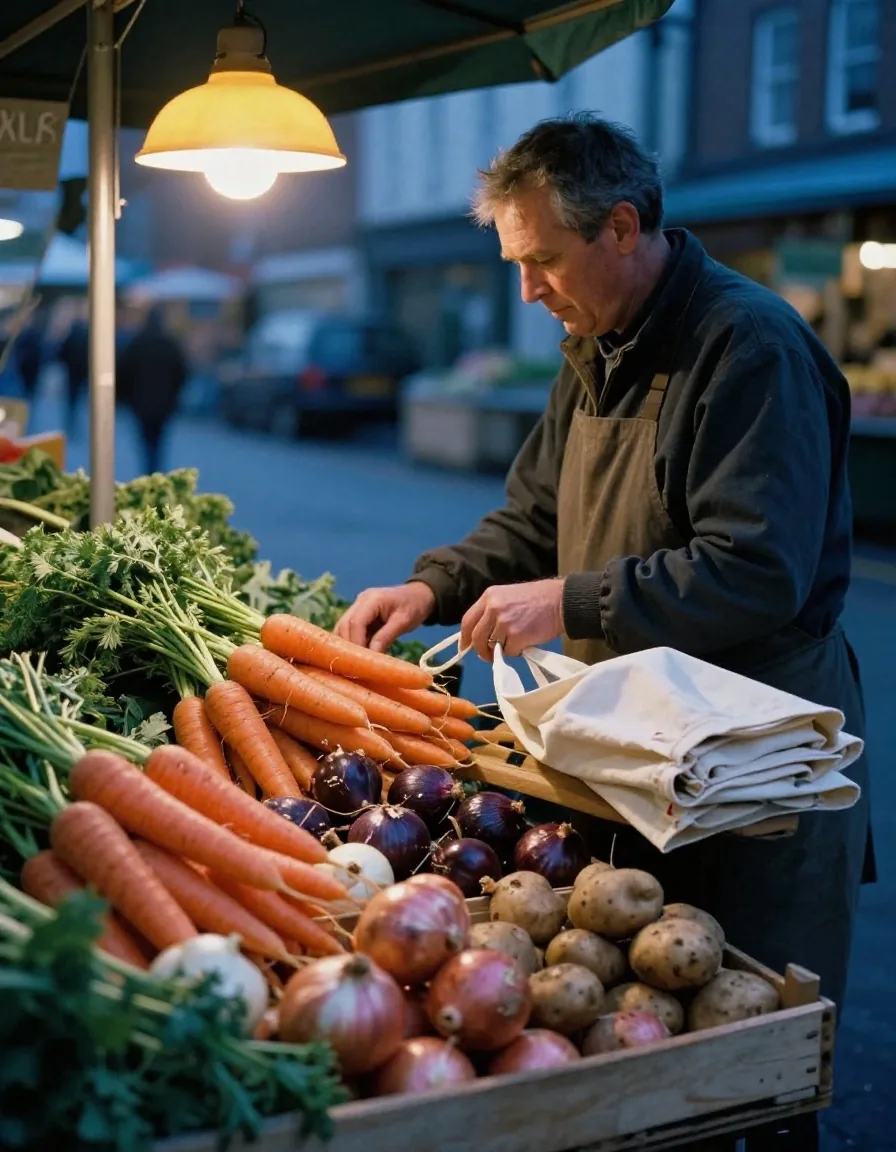 Loose vegetables in crates at a market stall with a cloth produce bag