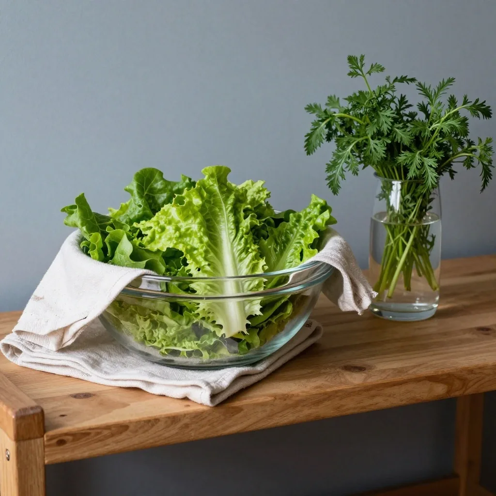 Salad kept under a cloth and herbs standing in water