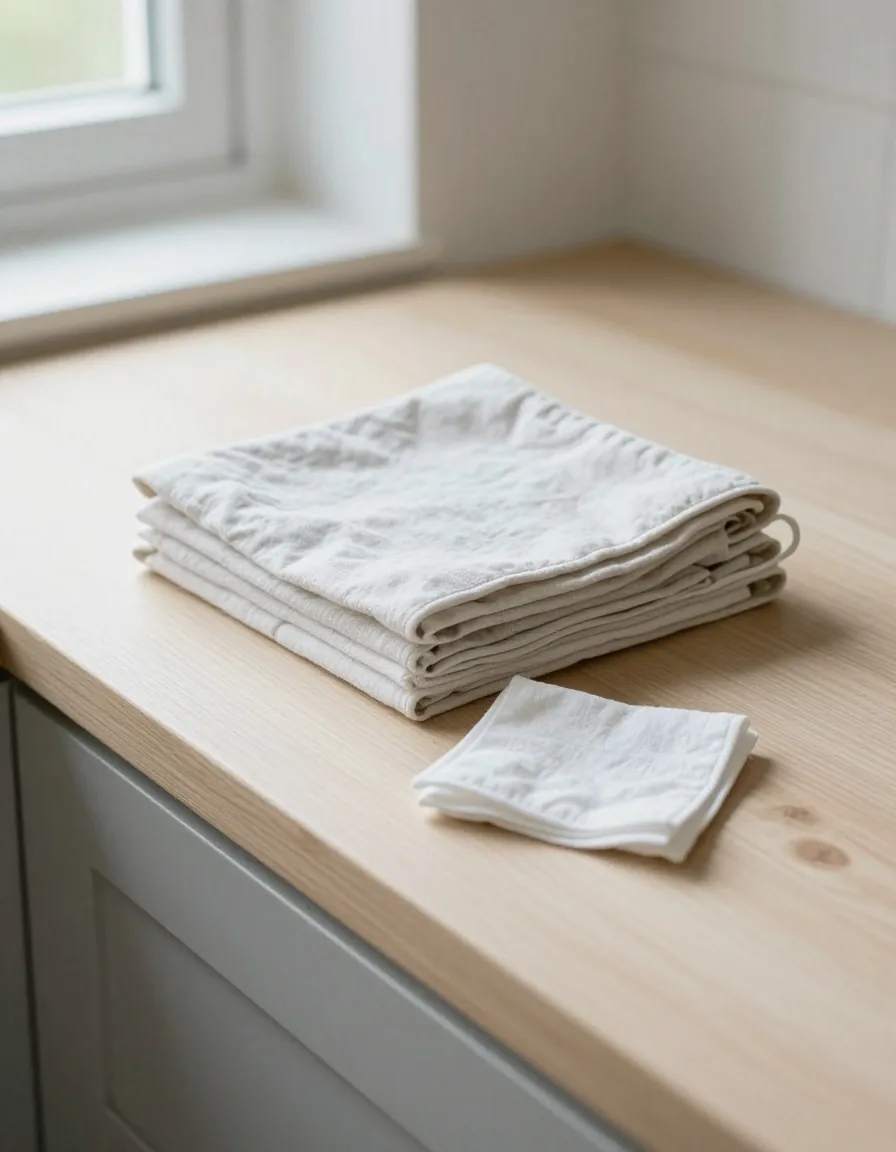 Stack of folded cotton cloths next to a bag for used ones