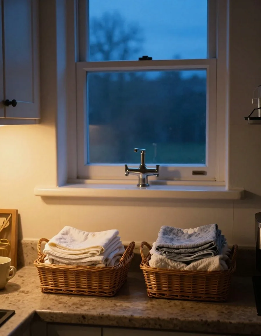 Two separate baskets of cloths kept apart under a kitchen sink