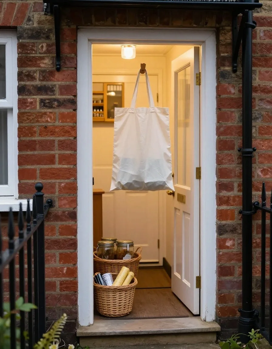 Reusable produce bag and glass jars waiting by a UK home entrance at dusk
