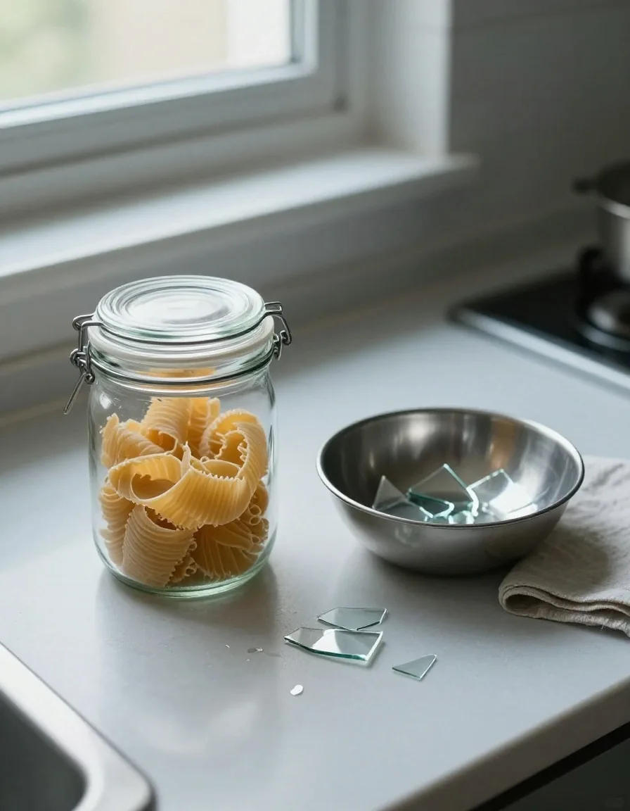 An intact glass jar holding dry pasta next to a bowl of broken glass fragments on a kitchen worktop