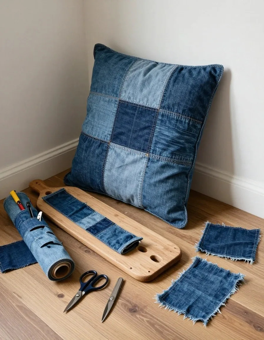 Denim offcuts, a half-finished patchwork cushion cover and a denim tool roll on a steel surface