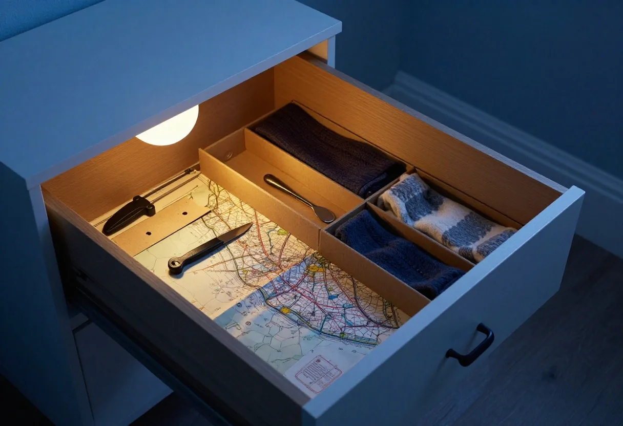 Drawer lined with an old map and divided by cardboard inserts holding scarves and small tools
