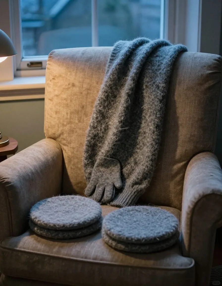 Felted wool jumper cut into round coasters and small mittens beside the rest of the jumper