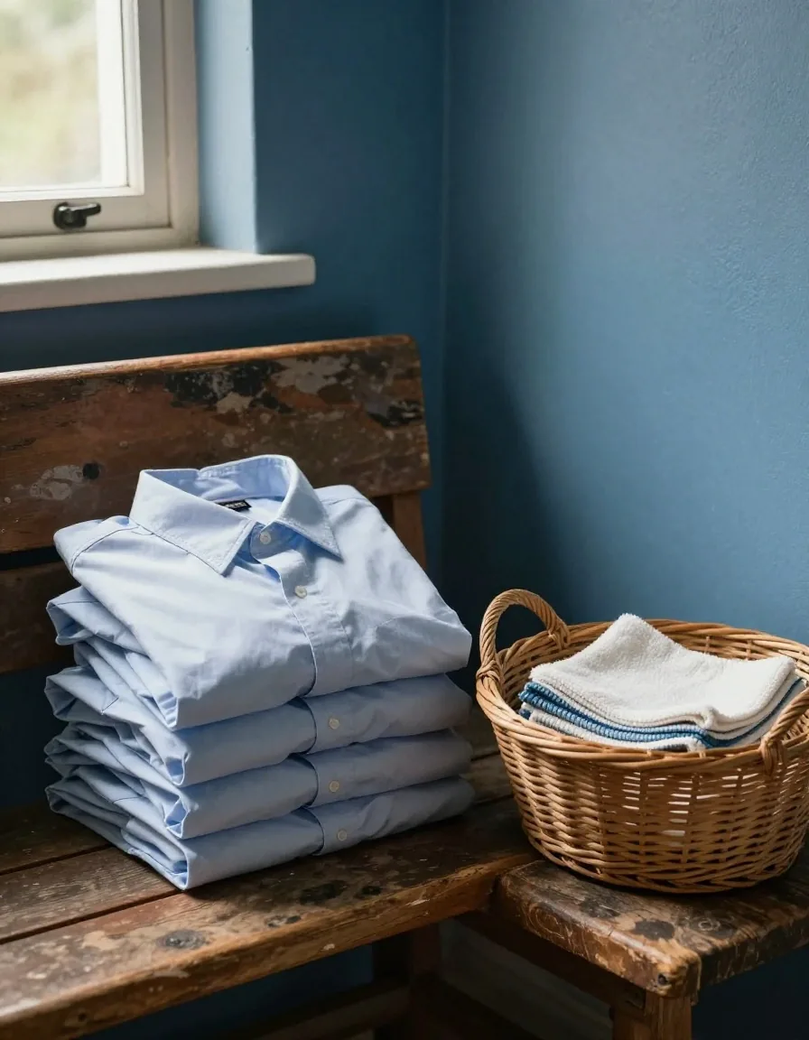Folded cotton shirts beside a basket of cut cleaning cloths on a wooden bench