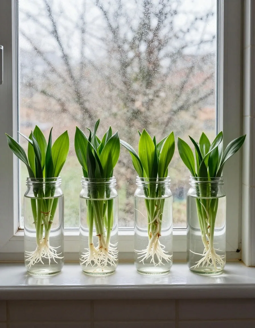 Glass jars on a windowsill holding houseplant cuttings and visible roots in water