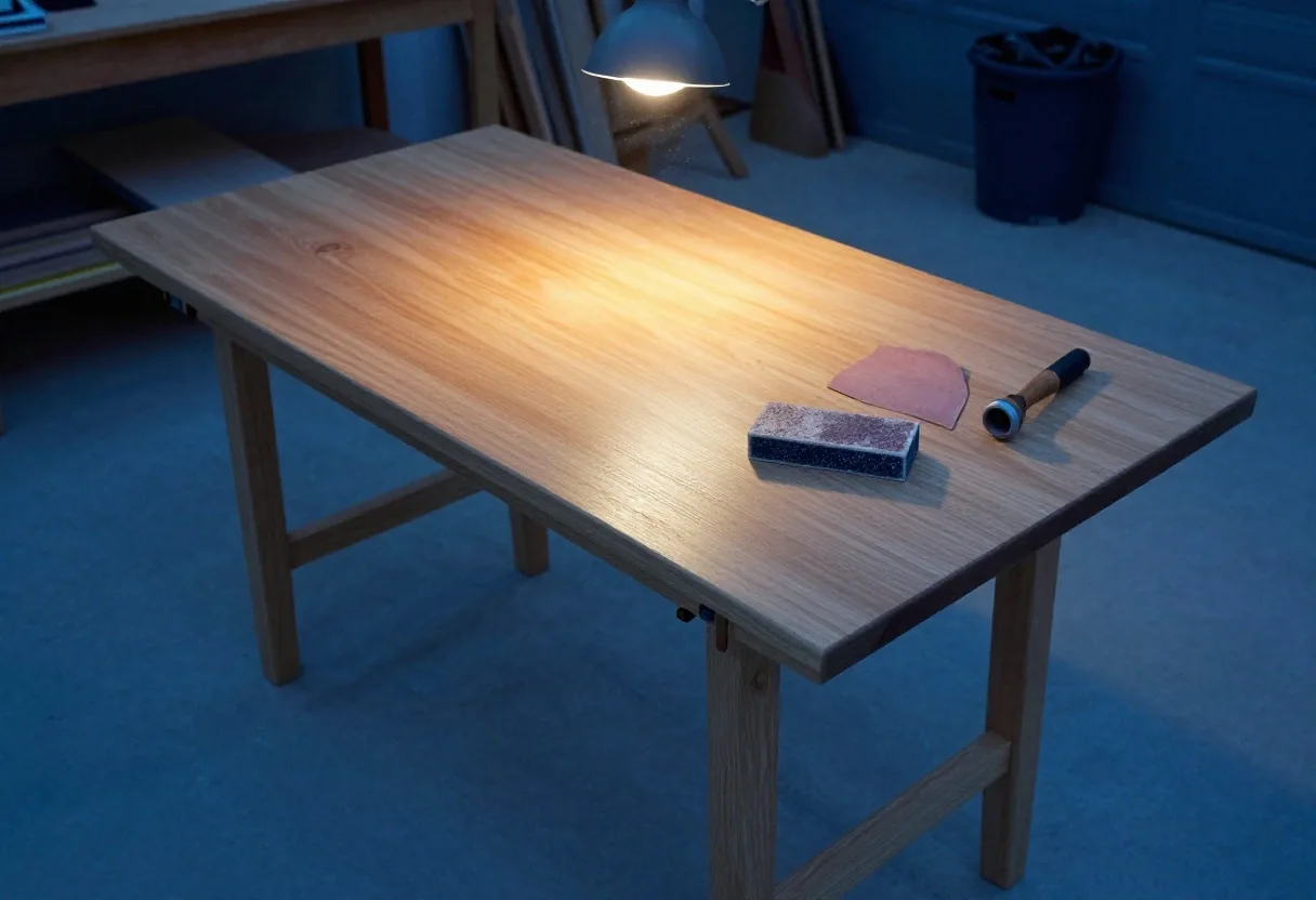 Half-sanded wooden table top with sandpaper, a sanding block and a clamped leg in a workshop