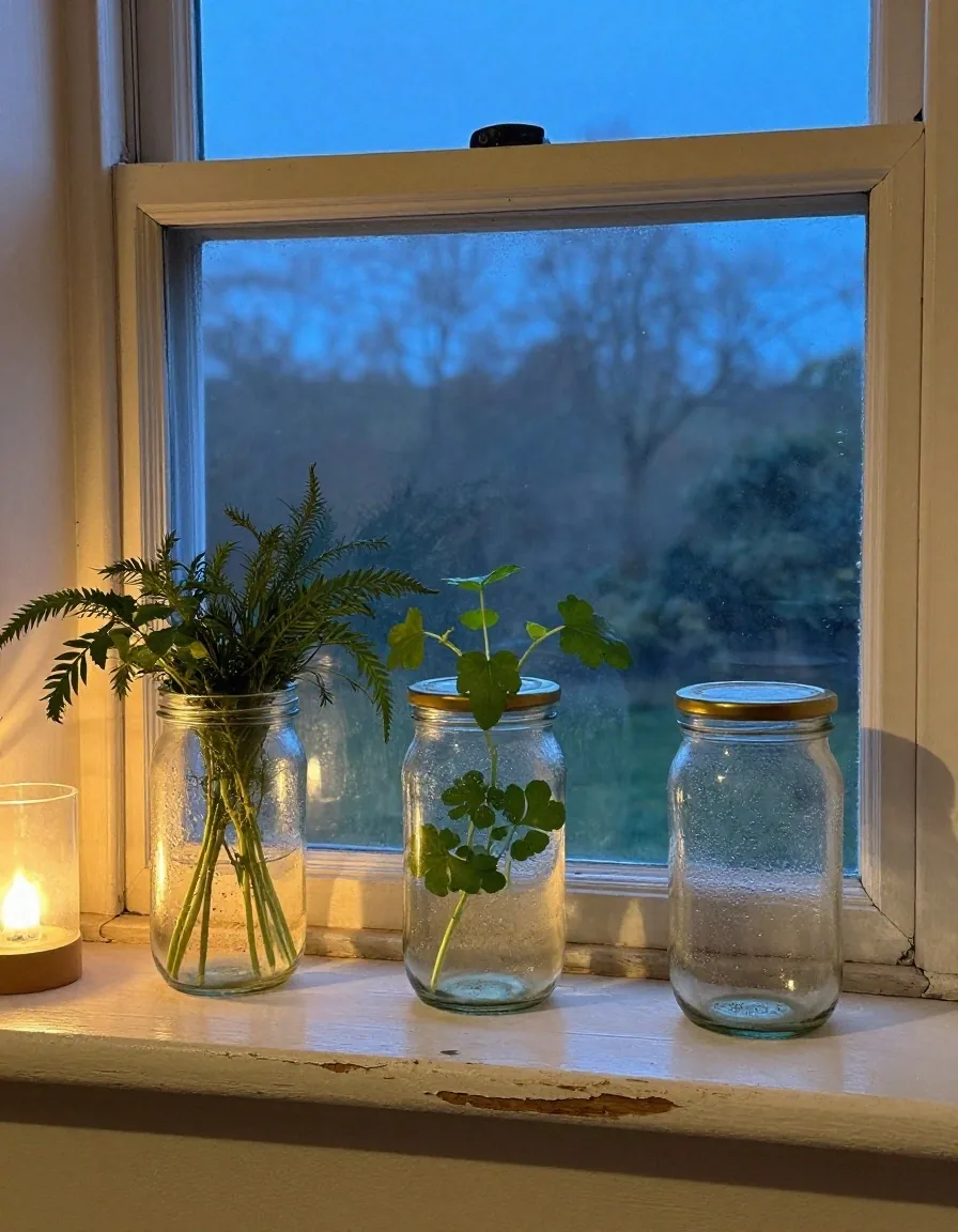 Herbs growing in a repurposed glass jar on a kitchen worktop with its lid as a saucer