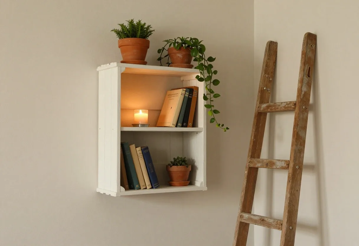 Painted crate shelf, old ladder used as a plant stand and tin cans holding utensils in a room corner