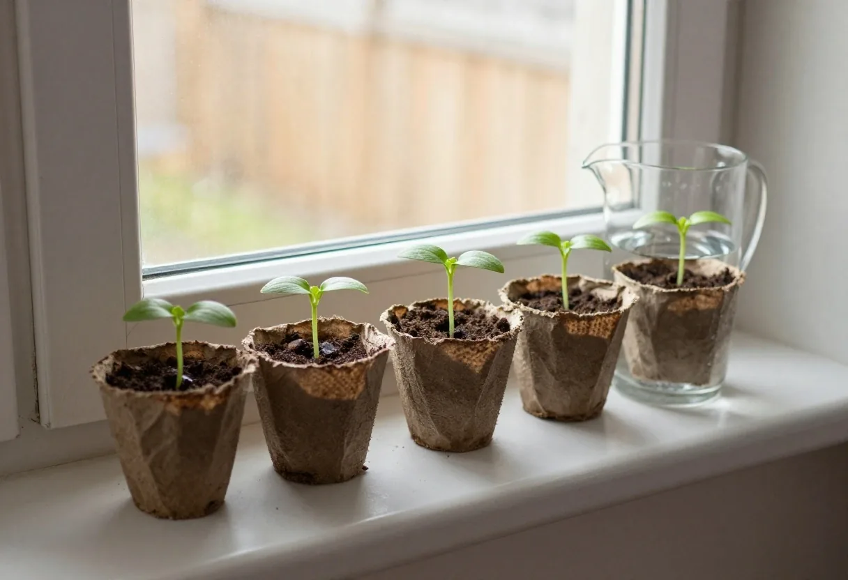 Seedlings growing in folded brown paper pots on a windowsill beside a jug of water