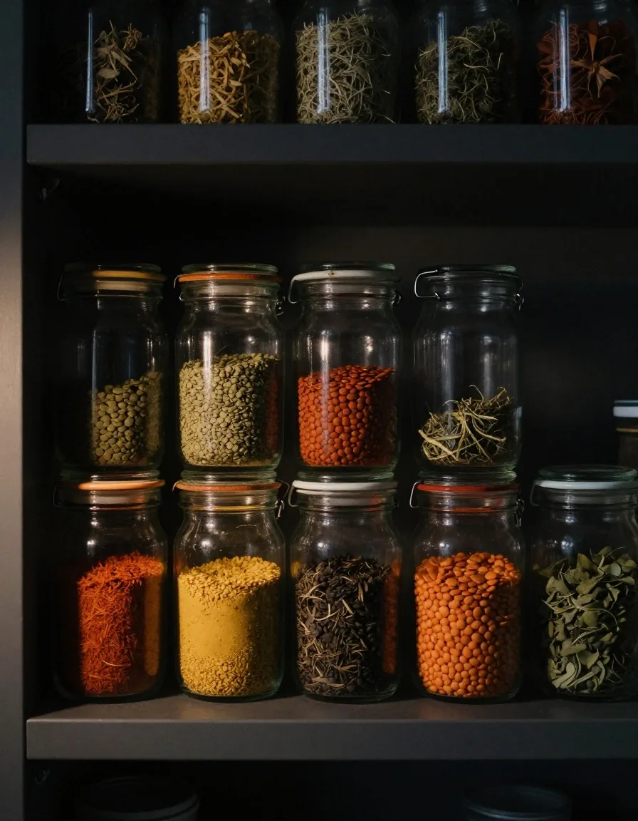 Small clean glass jars of spices, herbs and lentils lined up on an open pantry shelf
