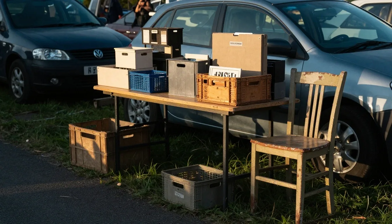 Solid wooden chair with chipped paint among stacked furniture and crates at a car boot sale