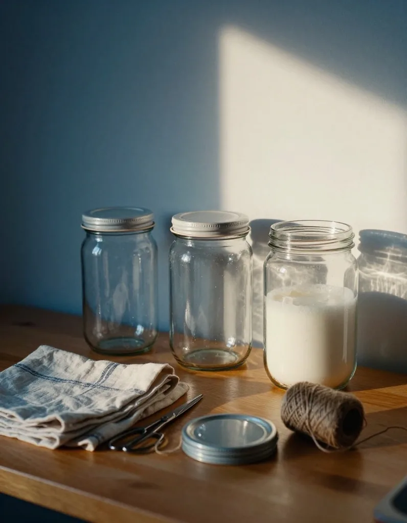 Three clean glass jars on a wooden kitchen table beside linen cloth, scissors and twine