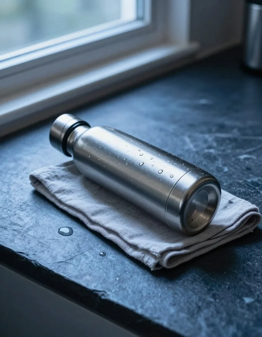 A reusable stainless steel water bottle on a kitchen counter