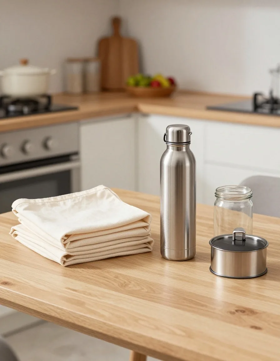 A small zero waste starter kit laid out on a wooden kitchen table
