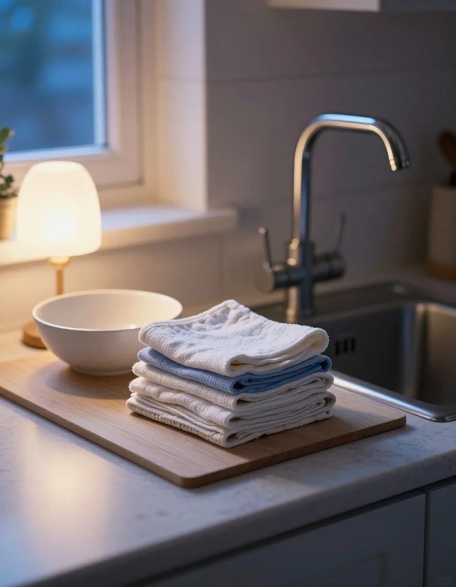 A stack of folded reusable cotton cloths on a worktop