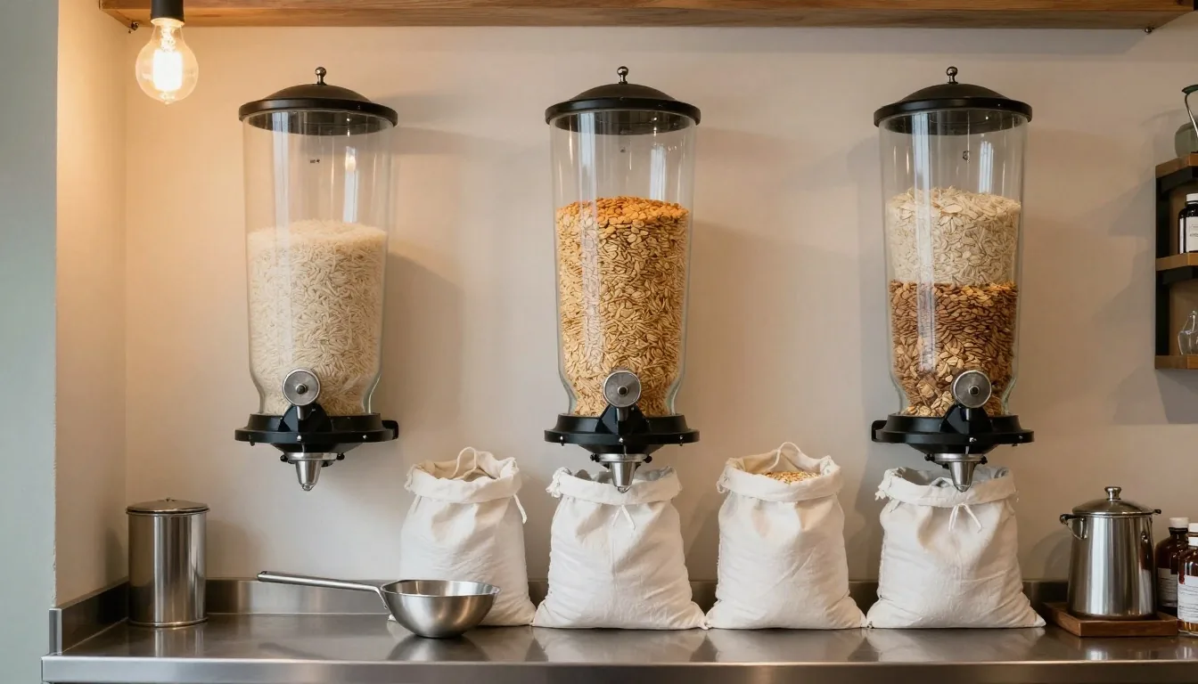 A refill shop interior with gravity dispensers of rice, lentils and oats