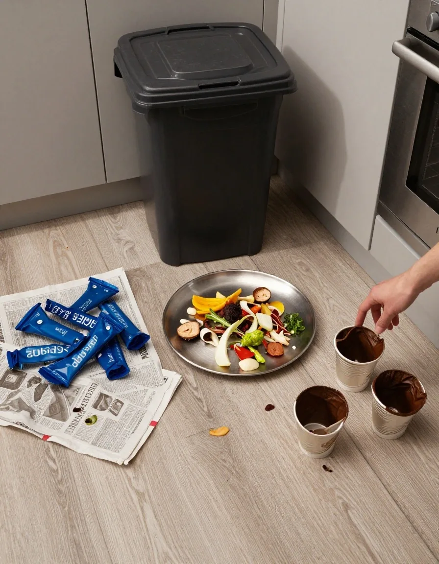 Household waste sorted into soft plastics, food scraps and coffee cups on newspaper during a bin audit